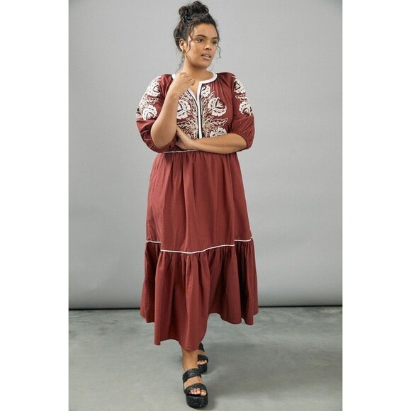 Anthropologie Gretel Embroidered Maxi Dress Maroon White 1X - Picture 2 of 11